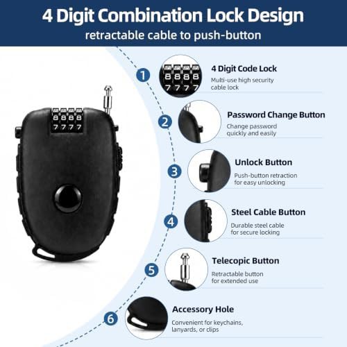 Black retractable combination cable travel lock — photo 3